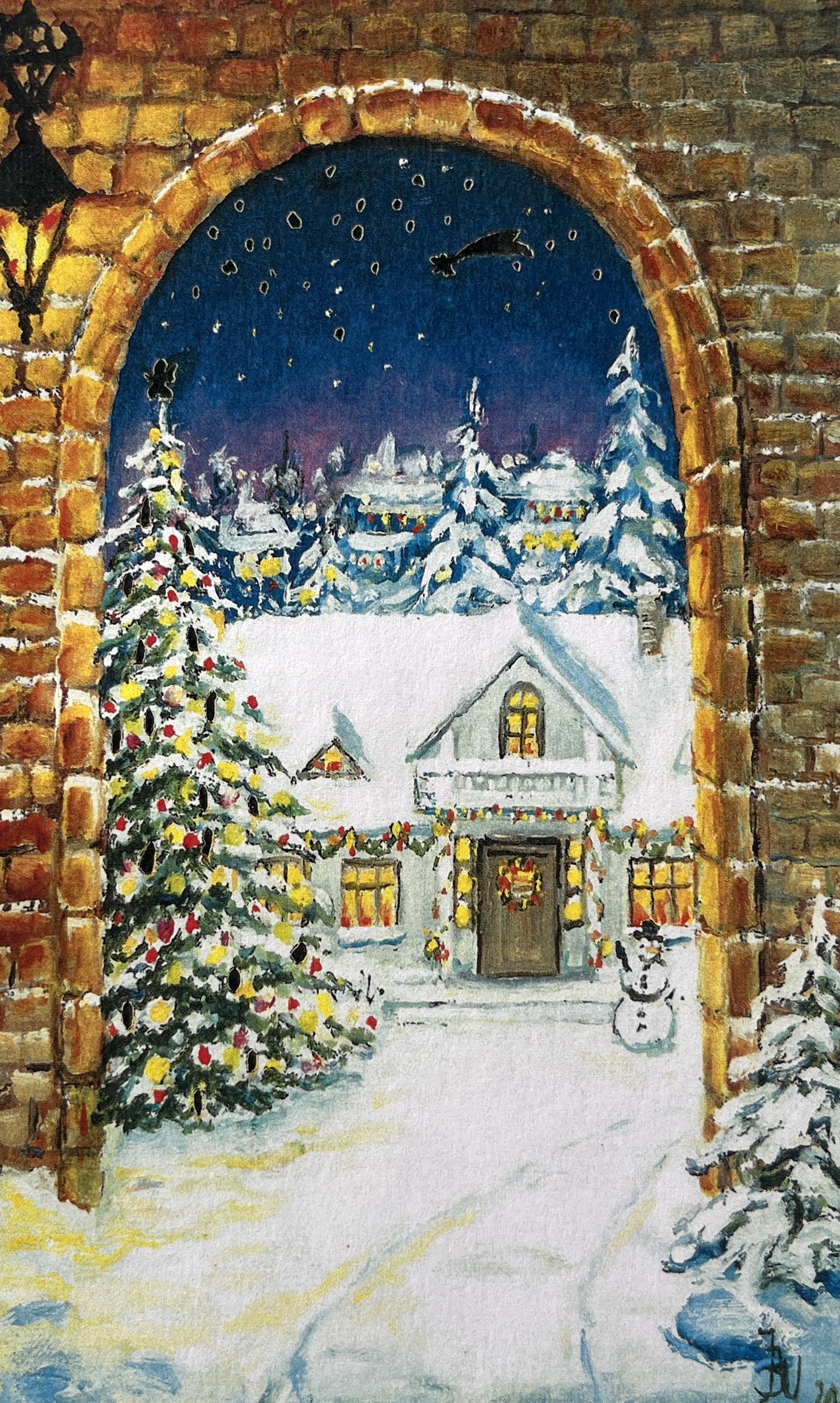 Beigelegtes Bild: gemalte Winterlandschaft im Blick durch ein Backsteintor