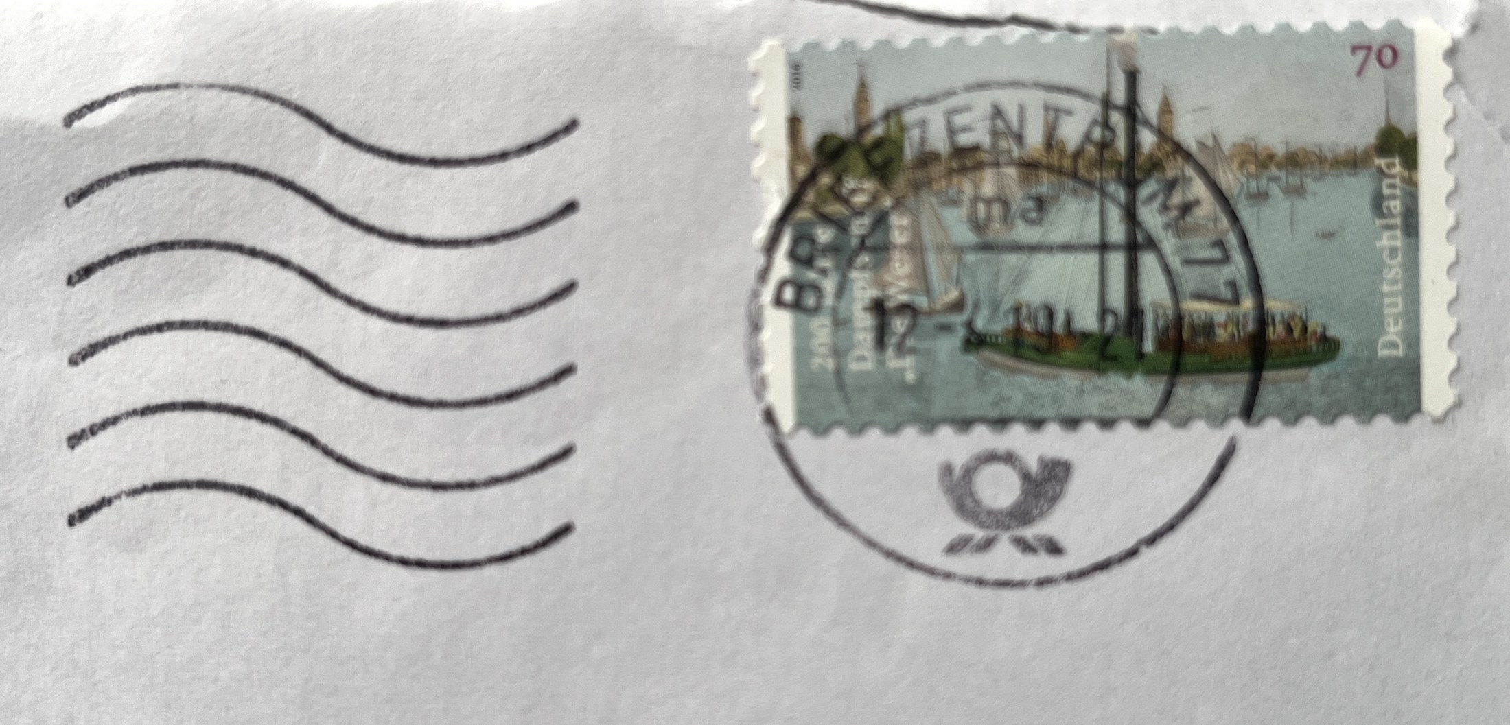 Umschlag: Briefmarke „200 Jahre Dampfschiff Die Weser“, Poststempel vom 12. 4. 2019