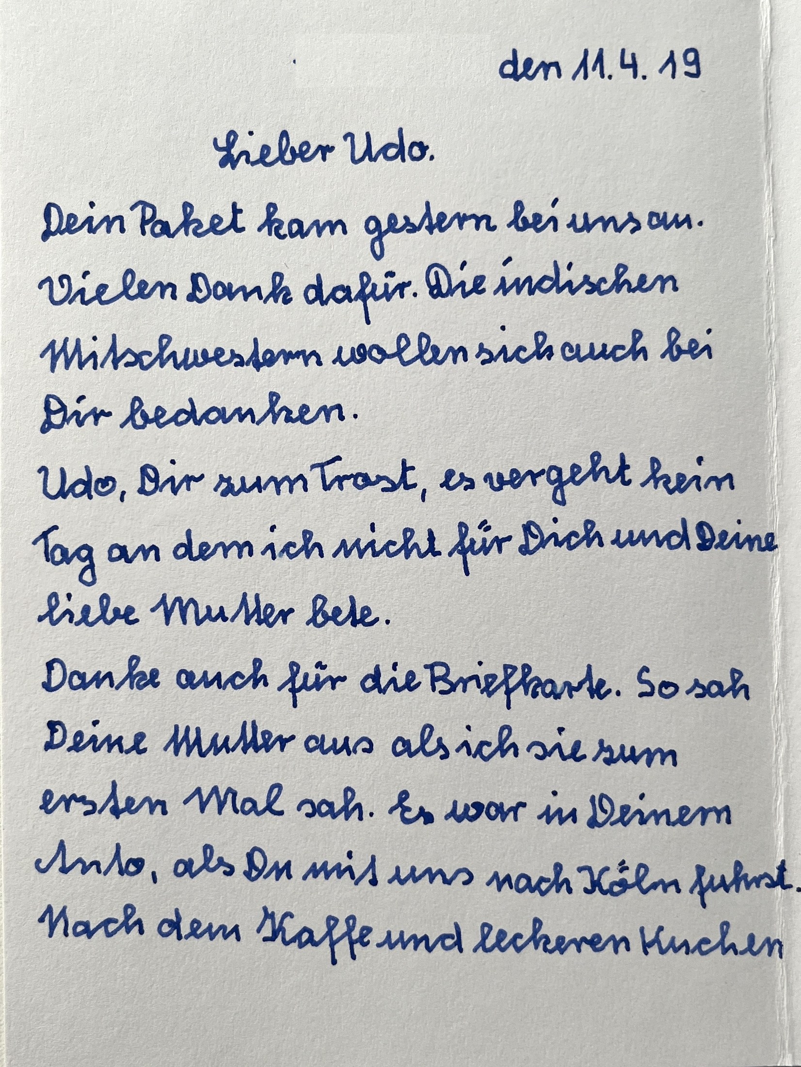 Erste Seite mit Datumszeile, Dank und der Erinnerung an die erste Begegnung