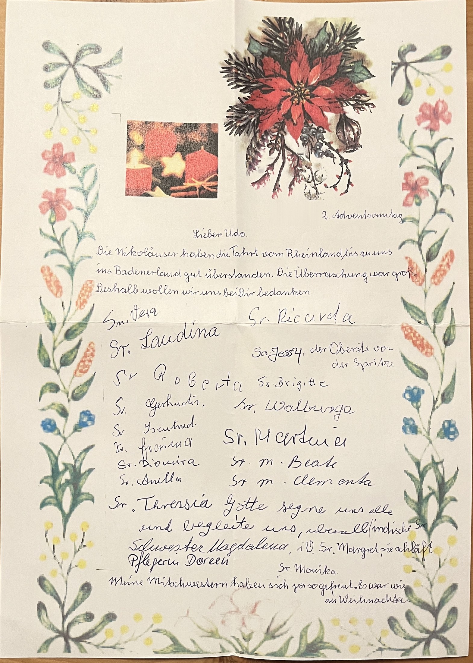 Beiliegendes Dankesblatt mit gemalten Blumenranken und den Unterschriften der Mitschwestern