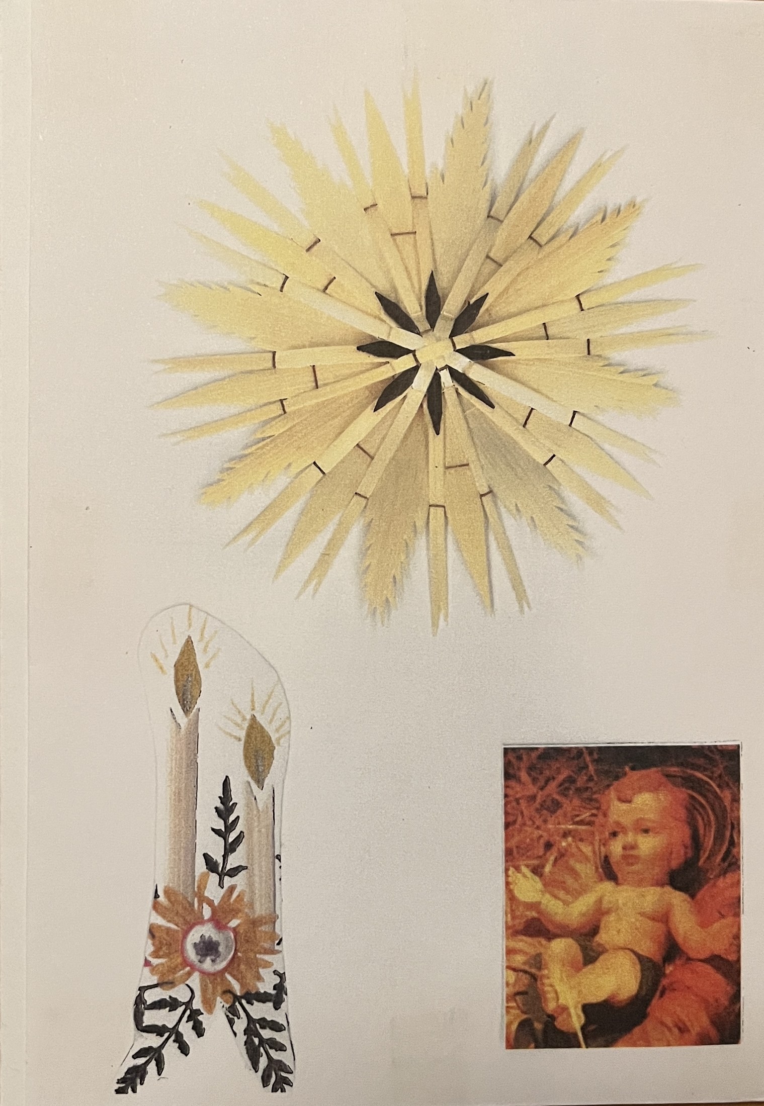 Selbst gefertigte Weihnachtskarte: großer Strohstern über zwei gemalten Kerzen, daneben ein Bild des Christkindes