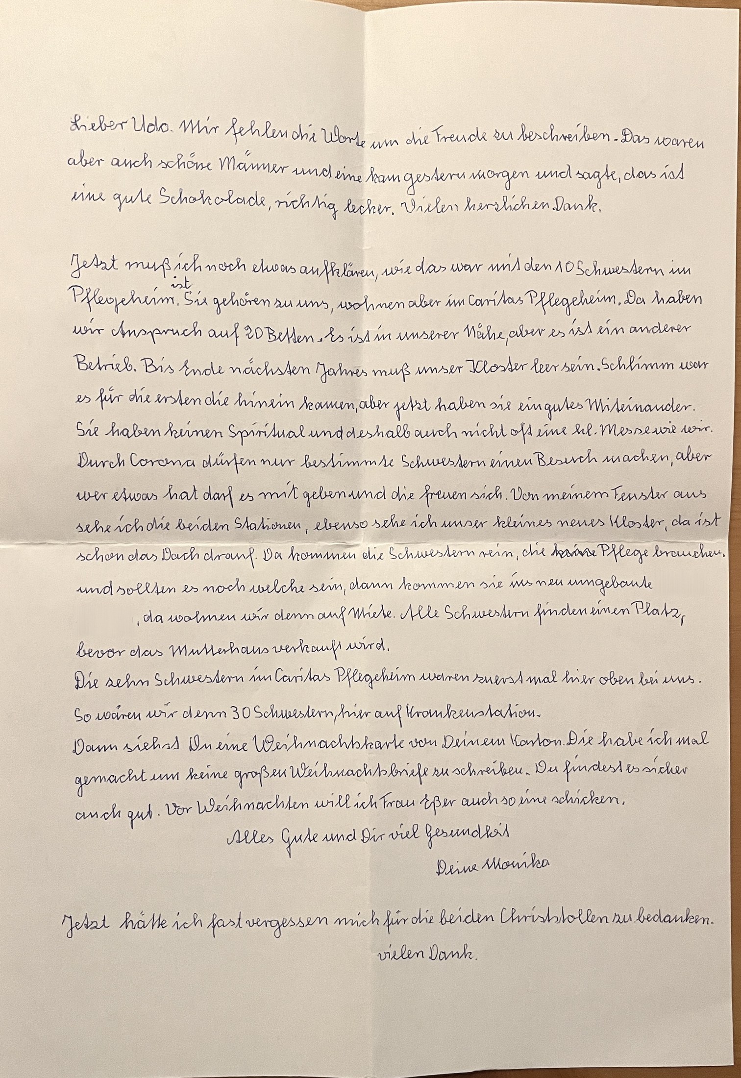 Die Briefseite mit dem Bericht über das Pflegeheim und den Auszug aus dem Kloster