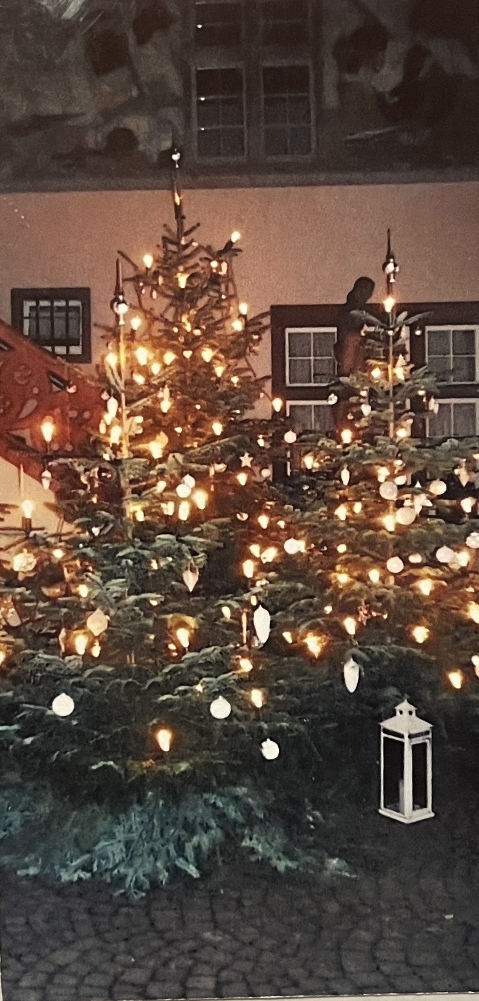Auf den Umschlag geklebtes Foto: brennende Lichter an zwei Tannenbäumen im Klosterhof, davor eine weiße Laterne