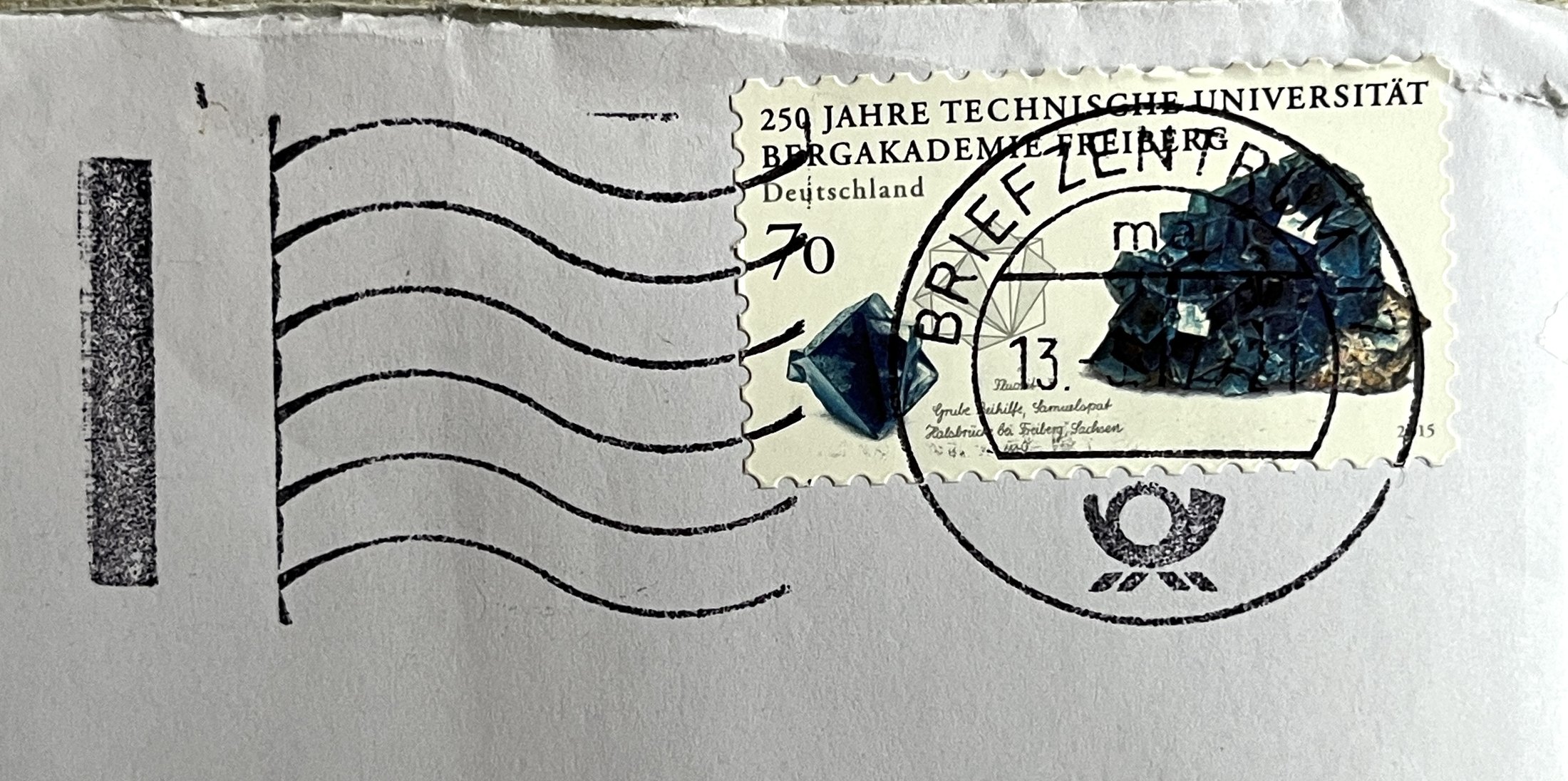 Umschlag: Briefmarke (250 Jahre TU Bergakademie Freiberg) und Poststempel vom 13. 3. 2017