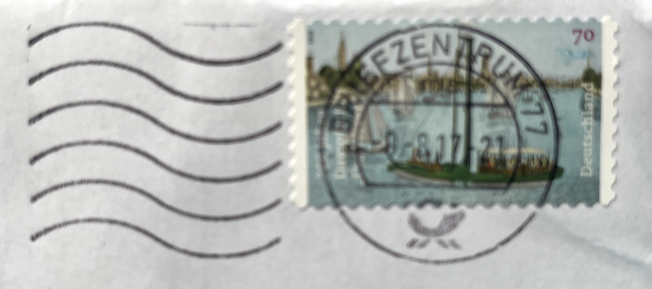 Umschlag: Briefmarke zur Dampfschifffahrt, Poststempel vom 9. 8. 2017