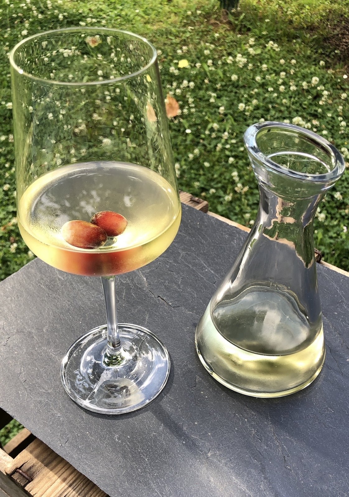 Weißweinglas mit zwei Trauben auf Schiefer im Garten